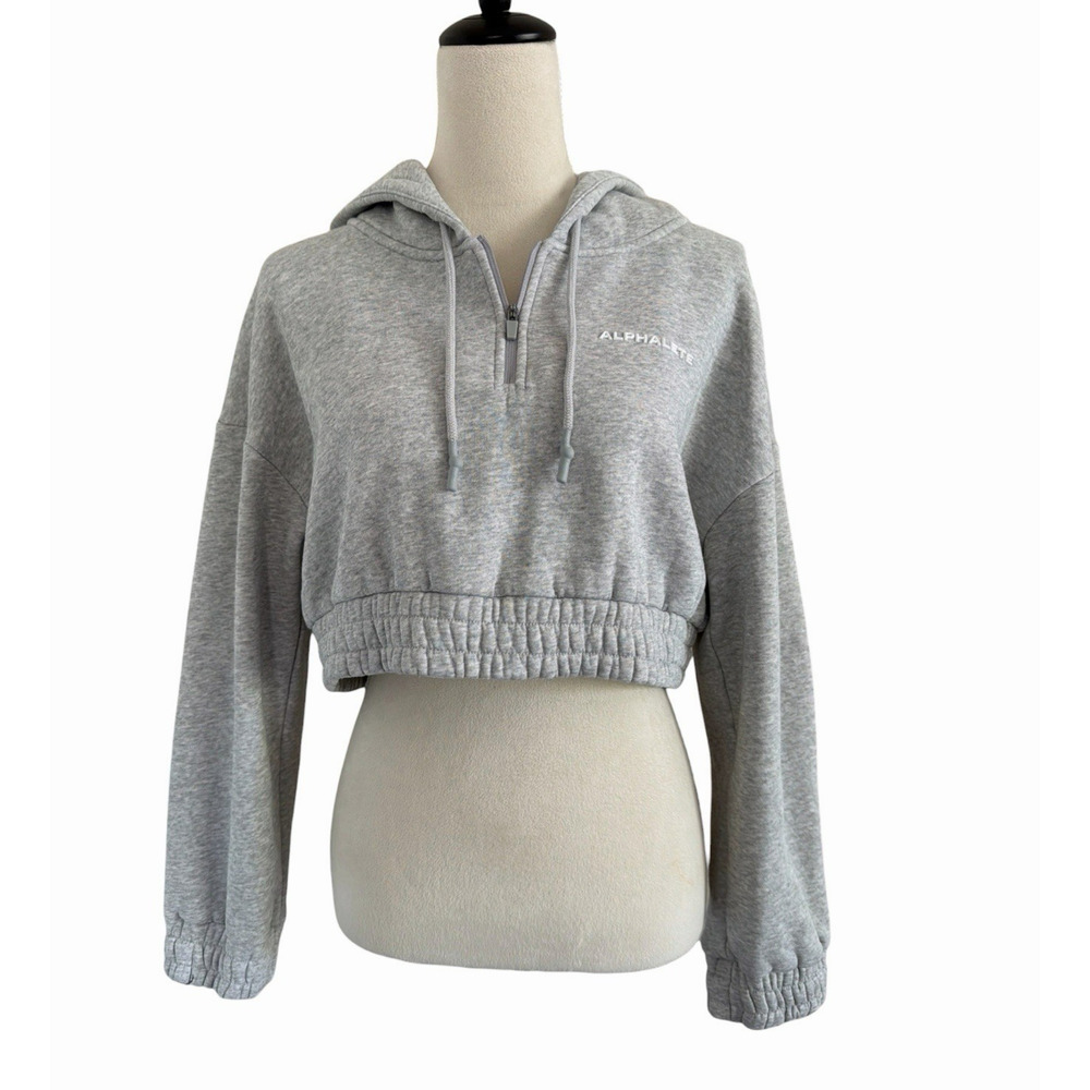 Alphalete Classic Capital Crop Hoodie Womens Small Gray Elastic Waistband Logo